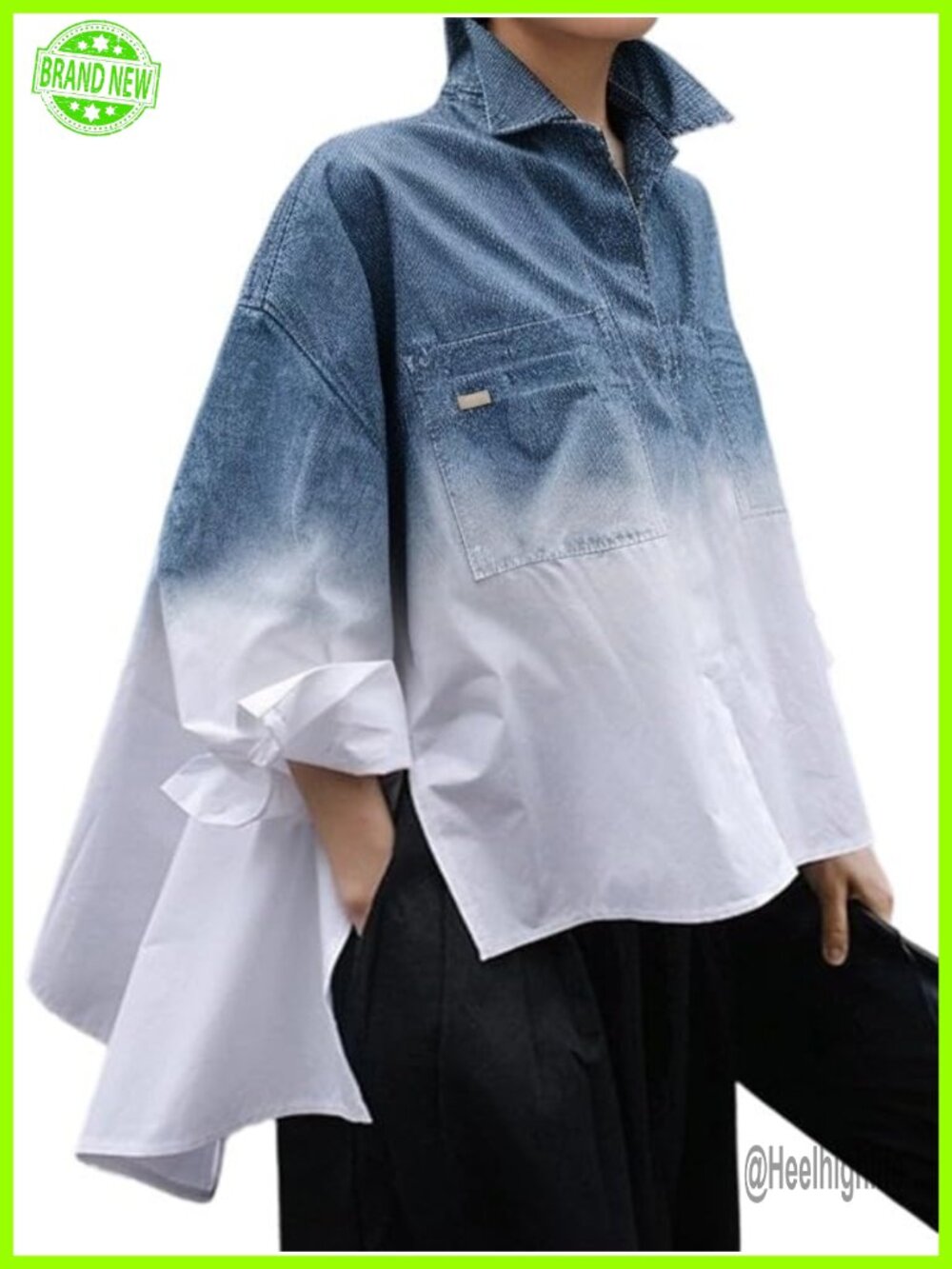 Women's Oversized Button Down Shirt Collared V Neck High Low Long Sleeve